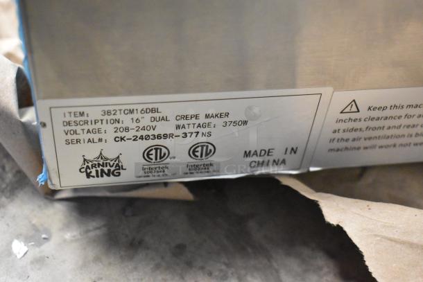 Brand new Carnival King 382TCM16DBL 16" Dual Non-Stick Crepe Maker. 208/240V, 3750W, stainless steel, scratch and dent.