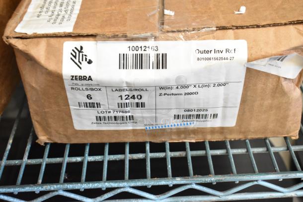 3 boxes of Zebra labels, 6 rolls per box, 1,240 labels per roll, 4x2 inches, model Z-Perform 2000D, Lot #717686.