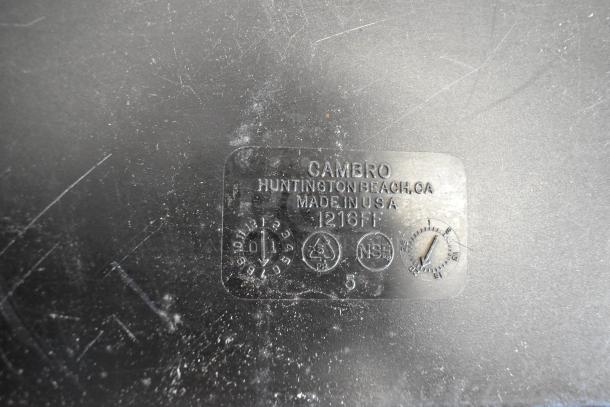 Alt text: Cambro Poly Food Tray label showing model 1216FF, made in USA, indicating NSF certification. Used condition.
