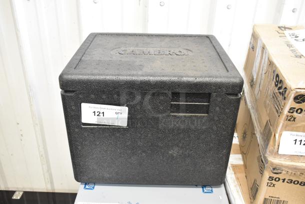 Cambro black insulated portable cooler, used condition, embossed logo on lid, auction label indicates item 121.