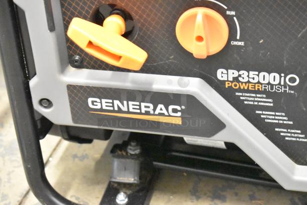 Generac GP3500iO 3000 Watt open frame inverter generator, features PowerRush technology, visible controls, and branding.
