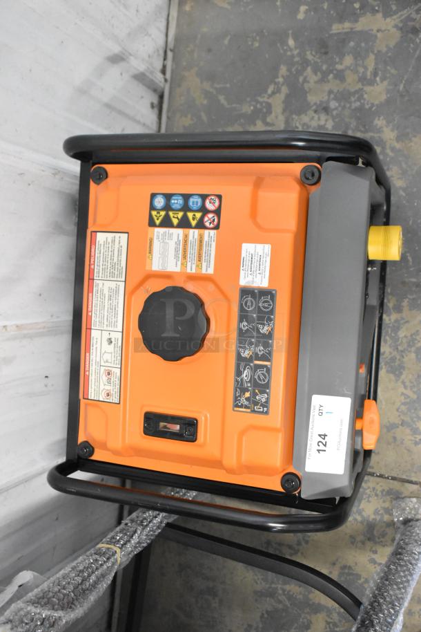 Generac GP3500iO 3000 Watt open frame inverter generator, orange and black, with warning labels and model markings visible.
