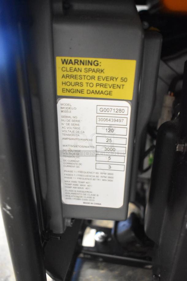 Generac GP3500iO 3000 Watt Open Frame Inverter Generator, model G0071280, serial no. 3006439497, 120V, 25A, 3000W.