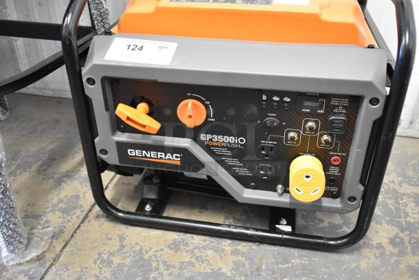 Generac GP3500iO 3000 Watt Open Frame Inverter Generator, orange/grey, outlets, power switch, condition new, tag labeled 124.