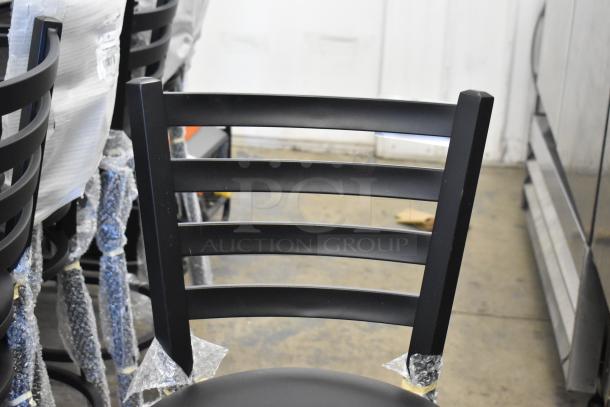 Black ladder back bar height chair, Lancaster Table & Seating 164BMTLADFRN, new condition with seat cushion.
