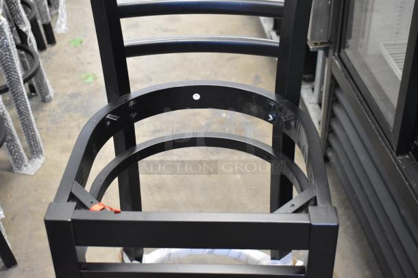 Black ladder back bar height chair frame, Lancaster Table & Seating, model 164BMTLADFRN, new, scratch and dent condition.