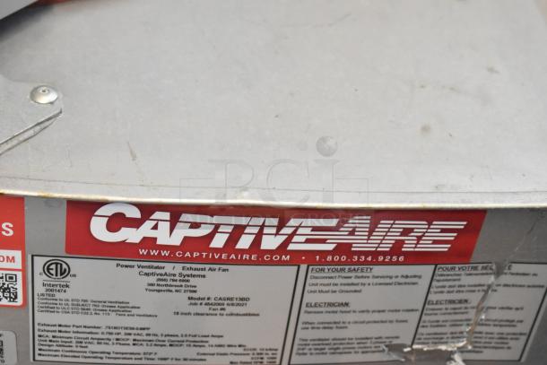 Brand new 2021 CaptiveAire CASRE13BD metal commercial power ventilator. Features include robust design, and safety labels.