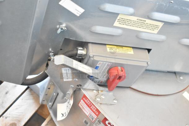 2021 CaptiveAire CASRE13BD metal commercial power ventilator, brand new condition, with caution and operation tags visible.