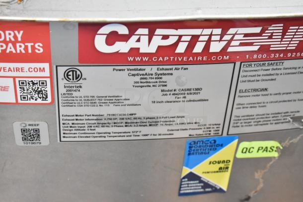 BRAND NEW 2021 CaptiveAire CASRE13BD commercial power ventilator; metal exhaust fan, UL listed, QC pass label visible.