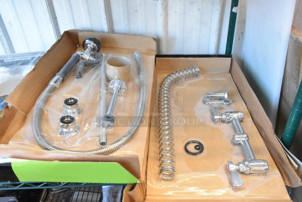 Brand new Regency 1.15 GPM deck-mounted pre-rinse faucet, model 600PRD8X; scratches and dents visible, 8" centers.