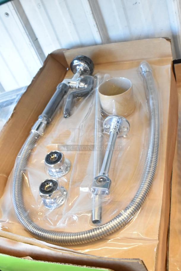 BRAND NEW 600PRD8X Regency 1.15 GPM pre-rinse faucet with 8" centers, chrome finish, intact packaging, slight scratches.