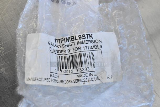 Brand new Galaxy 177PIMBL9STK 9" immersion blender shaft, light-duty, in bubble wrap. Visible label with model and barcode.