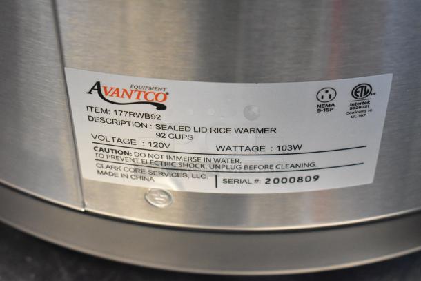 Avantco 177RWB92 rice warmer label; 92 cups, 120V, 103W, sealed lid, serial #2000809, NEMA 5-15P, ETL certified.
