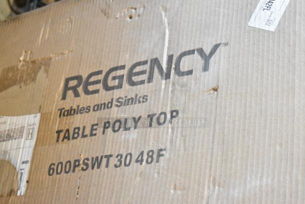 Regency 600PSWT3048F poly table top packaging with visible scratches, suitable for 30" x 48" tables.