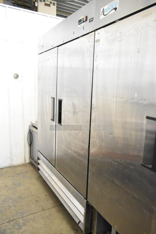 Avantco 178A49FHC stainless steel 2-door reach-in freezer with poly-coated racks, on commercial casters, 115V, 1 phase.