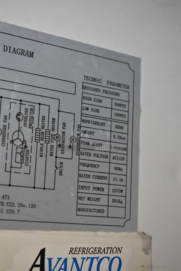 Avantco 178A49FHC freezer label showing technical specs: 115V, 1070W, R290 refrigerant, 5.22oz. Includes circuit diagram.