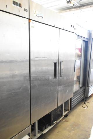 Avantco 178A49FHC stainless steel 2-door commercial freezer, includes poly-coated racks, on casters, 115V, 1 phase.