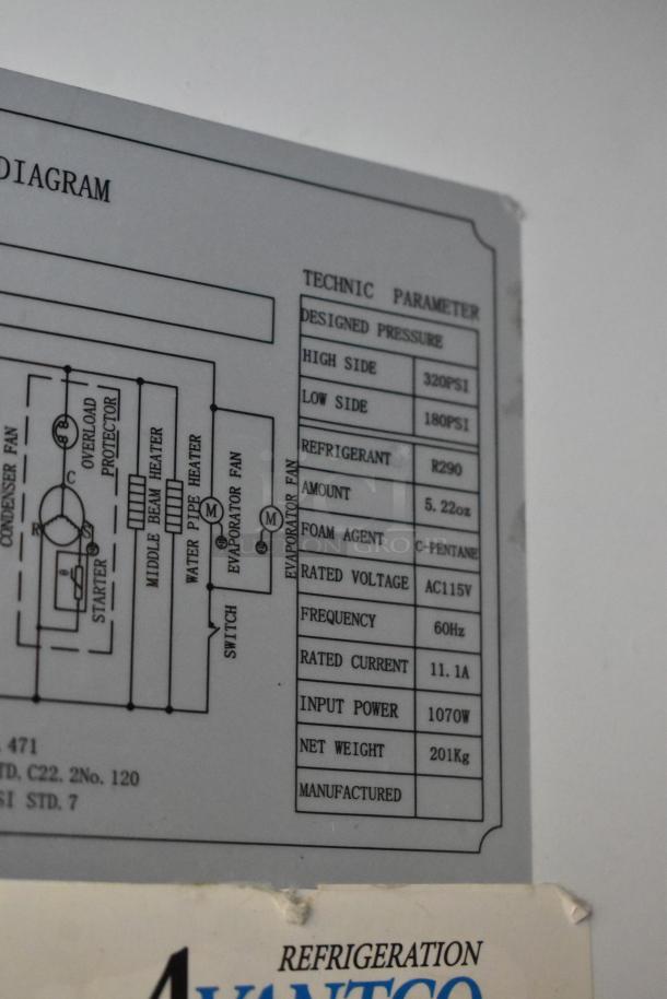 Avantco 178A49FHC commercial freezer label showing technical parameters, including 115V power, R290 refrigerant, and dimensions.