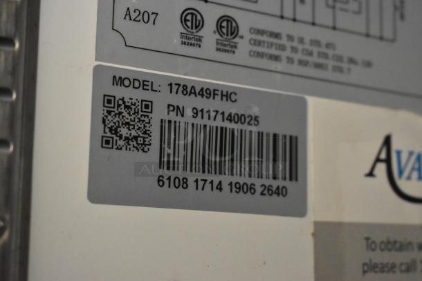 Avantco 178A49FHC label showing model number, QR code, barcode, and certification marks.