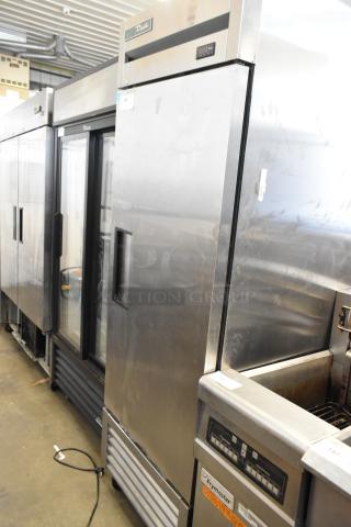 2019 True TS-23F-HC single door stainless steel freezer with poly coated racks on casters, used condition.