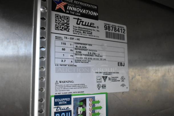 2019 True TS-23F-HC stainless steel freezer label, showing model, voltage, refrigerant, and design pressures.