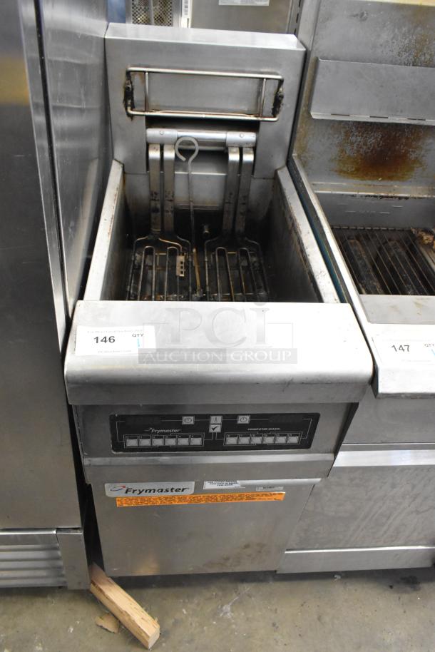 Frymaster RE114TCSC electric deep fryer, stainless steel, commercial grade, 208V, 3-phase, visible control panel, used condition.