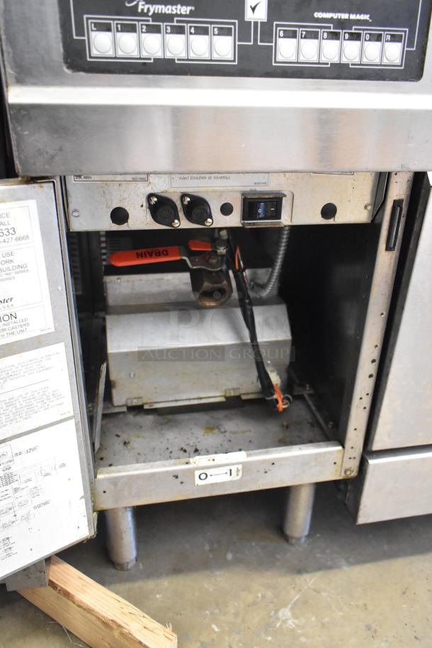 Frymaster RE114TCSC stainless steel electric deep fat fryer, 208V, 3 phase. Visible controls and wiring, moderate wear.