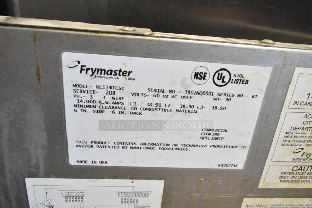 Frymaster RE114TCSC stainless steel electric fryer label, model details, 208V, 3-phase, NSF and UL listed, USA made.