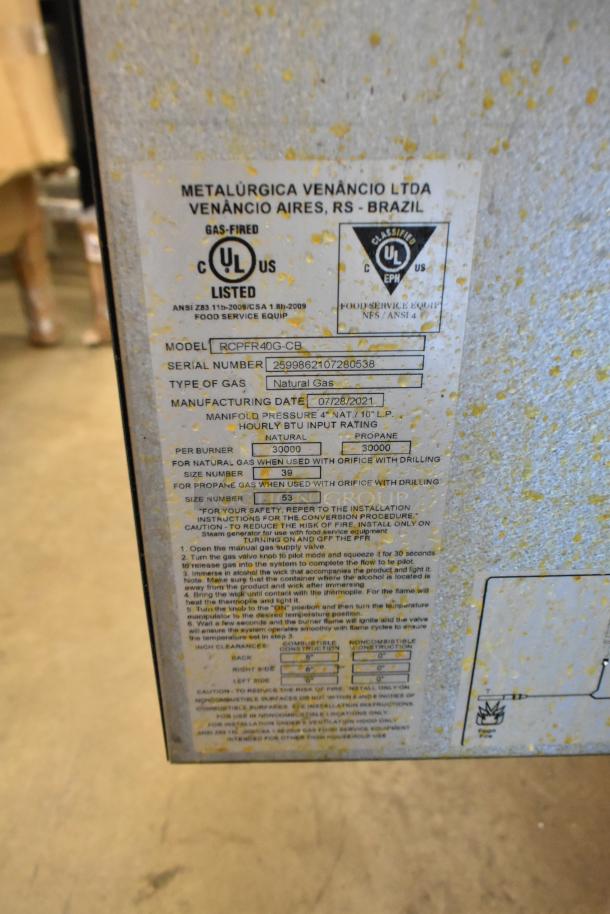 2021 Rocket Cooking RCPFR40G-CB stainless steel natural gas fryer, 30,000 BTU, commercial grade. Visible UL certification label.