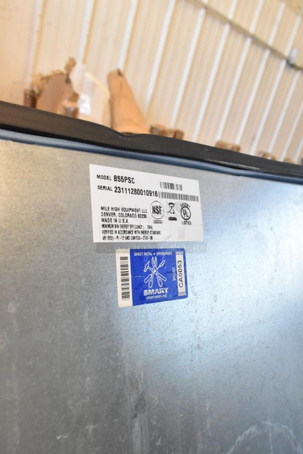 2023 Ice-O-Matic B55PSC ice bin, stainless steel, 30", 510 lbs capacity. Labels show model/serial number, NSF certified.