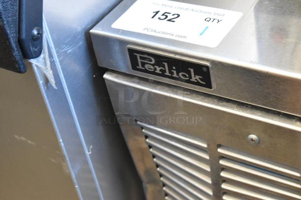 Perlick BBS60GS-S stainless steel commercial two-door back bar cooler, missing outer glass pane on right door, 115V.