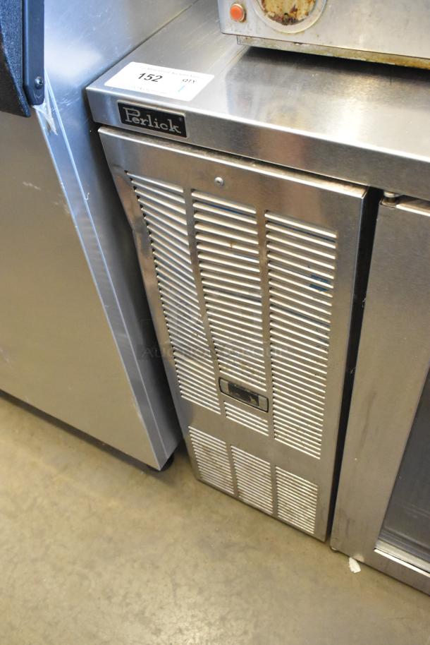 Perlick BBS60GS-S stainless steel back bar cooler, missing outer glass pane on right door. Model label visible. 115V, 1 Phase.
