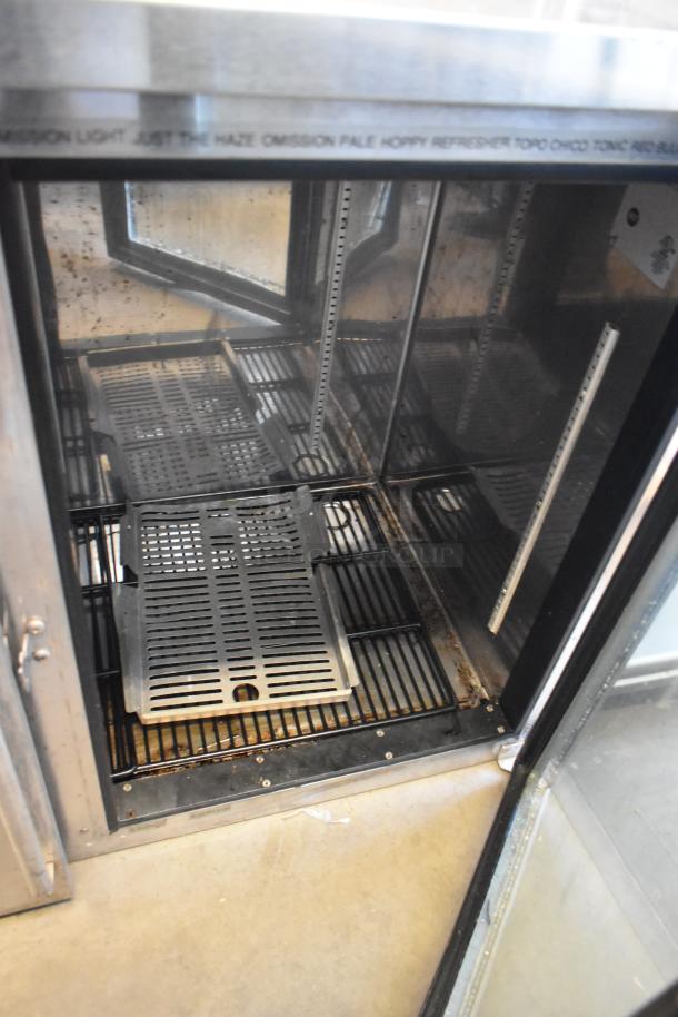 Perlick BBS60GS-S stainless steel 2-door back bar cooler, missing outer glass pane on right door. 115V, 1 Phase.