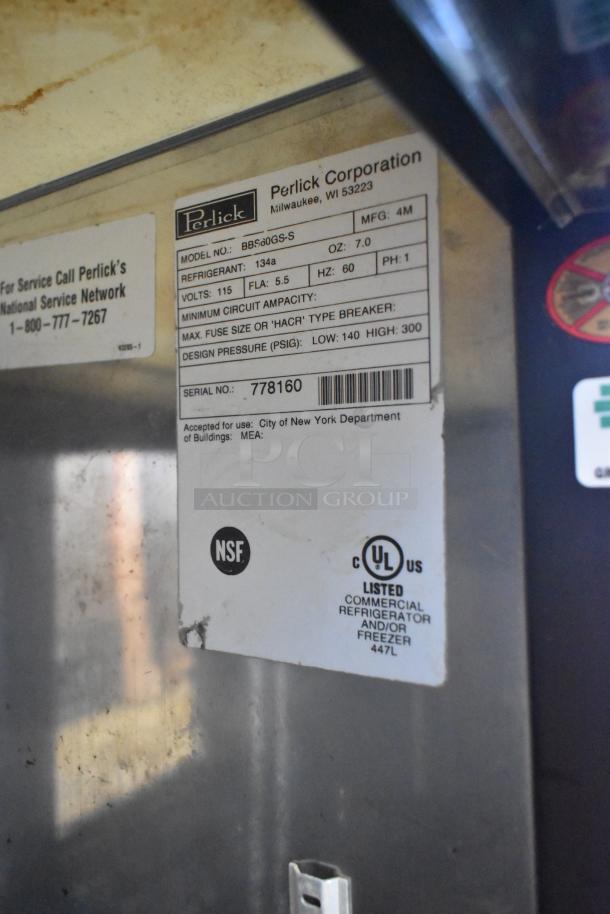 Perlick BBS60GS-S stainless steel cooler tag, showing model details; missing outer glass pane on right door.
