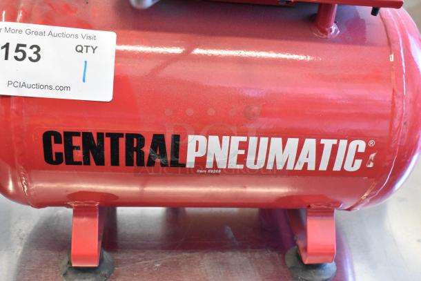 Central Pneumatic 3-gallon 100 PSI air compressor, 1/3 HP, 115 volts, red tank with slight wear, visible label, item 69269.