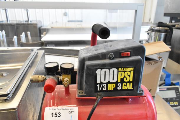 Central Pneumatic 100 PSI 3 Gallon air compressor, 1/3 HP, 115V, 1 phase; includes pressure gauges, dial, and on/off switch.