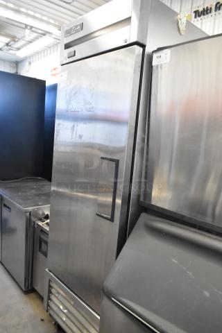 2019 True T-23F-HC stainless steel commercial freezer, single door, poly-coated racks, on casters; 115V, 1 phase.