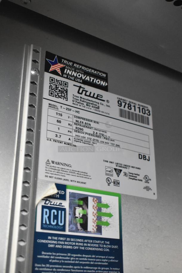 2019 True T-23F-HC commercial freezer label, showing specifications and certifications, including 115 volts, single phase.