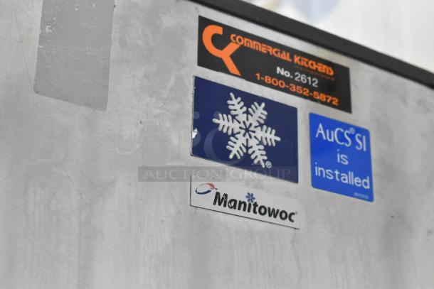 Manitowoc SD1802A Stainless Steel Commercial Ice Head on bin, 208-230V, with AuCS SI installation stickers.