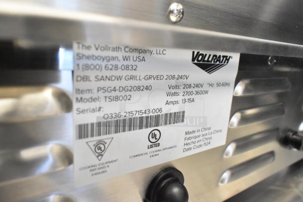 2024 Vollrath TSI8002 stainless steel double panini press, commercial countertop model, 208-240V, with labeling details.