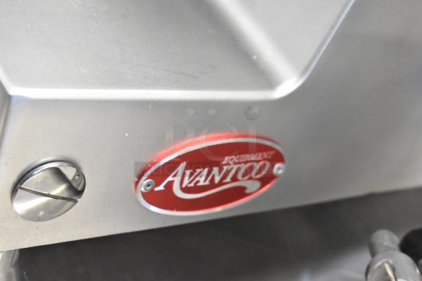 Avantco 177SL512 stainless steel commercial meat slicer with sharpener and red logo badge. 115 Volts, 1 Phase.