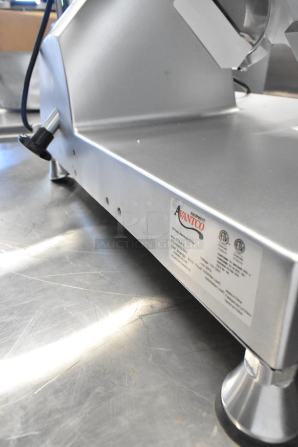 Avantco 177SL512 stainless steel commercial meat slicer with blade sharpener, 115V, 1 phase. Model label visible.