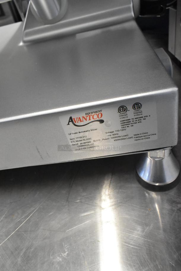 Avantco 177SL512 stainless steel meat slicer, commercial countertop model with blade sharpener, 115V, visible label.