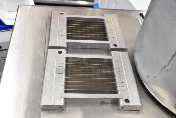 Metal commercial countertop lettuce cutter, Choice 407ONSLIC316, with grid blades. In good condition, sleek design.