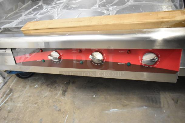 Brand new Avantco 30" stainless steel flat top griddle with red control knobs and labeled temperature settings. Slight scratches visible.
