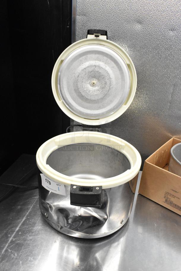 Thunder Group SEJ-20000 stainless steel rice cooker, 115 Volts, 1 Phase, open lid, slight dent on body, tag marked "170".