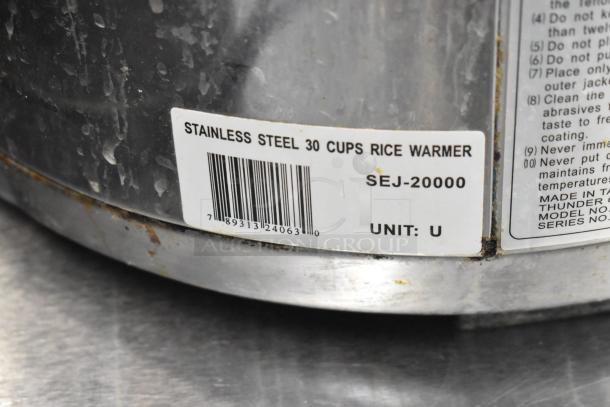 Thunder Group SEJ-20000 stainless steel rice cooker, 115 volts, 1 phase. Label indicates 30-cup capacity, model SEJ-20000.