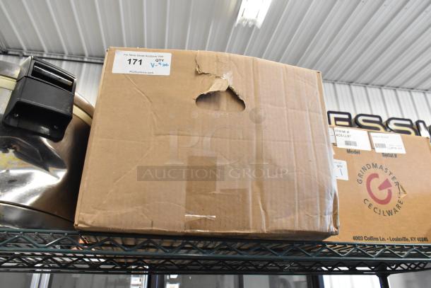 Cardboard box containing a lot of various items, including utensils and sauce pots. Box is labeled "171" and shows signs of wear.