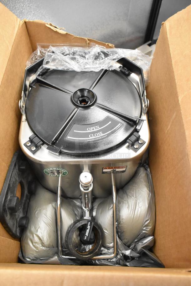 ACS-LLST Stainless Steel Commercial Satellite Server in box, with black lid labeled "Open" and "Close," Starbucks logo visible.