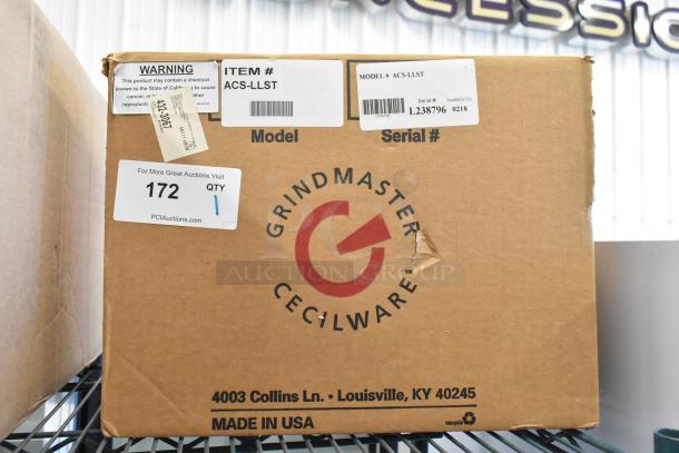 Grindmaster-Cecilware ACS-LLST Stainless Steel Commercial Satellite Server in box, serial #L238796. Made in USA. Warning label present.